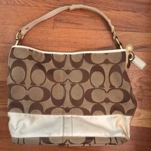 Authentic coach tan and white stripe large C Hobo